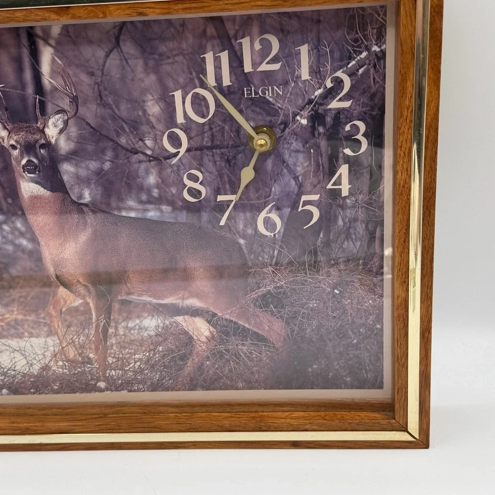 Elgin Quartz‎ Wall Clock Deer Buck Hunting Scene Wood Frame Lodge Cabin Decor